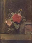 Jean Baptiste Camille  Corot Bouquet de fleurs dans un verre a cote d'un pot a tabac (mk11) France oil painting artist